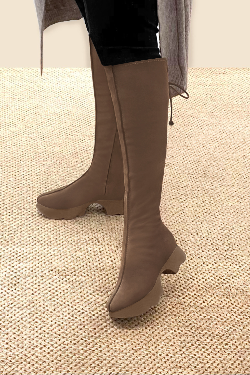 Chocolate brown women's knee-high boots, with laces at the back. Round toe. Low rubber soles. Made to measure. Worn view - Florence KOOIJMAN